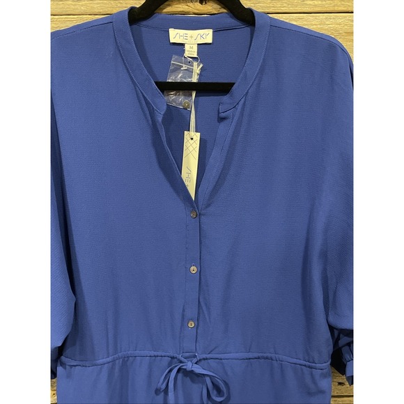 NWT‎ She + Sky Women's Blue A Line Dress Front Tie Size Medium Ruffles V Neck - Picture 6 of 10